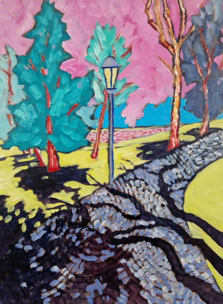 Oil on canvas, letna park series, path with light near the metronome
