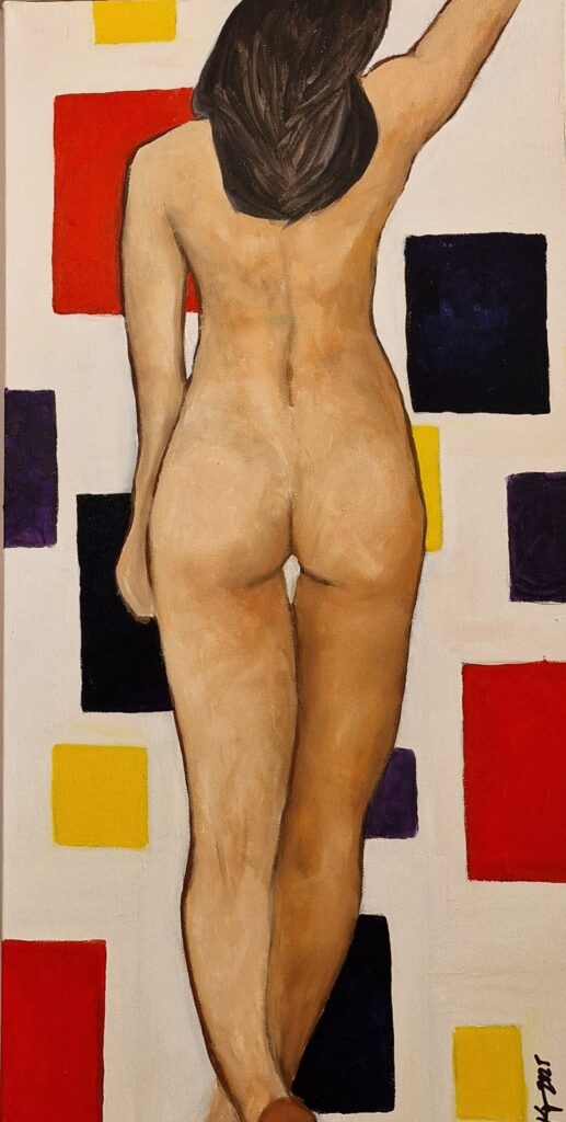 Original figurative oil painting with a mondrian-style geometric background, contemporary artwork by Kip Bauersfeldinal