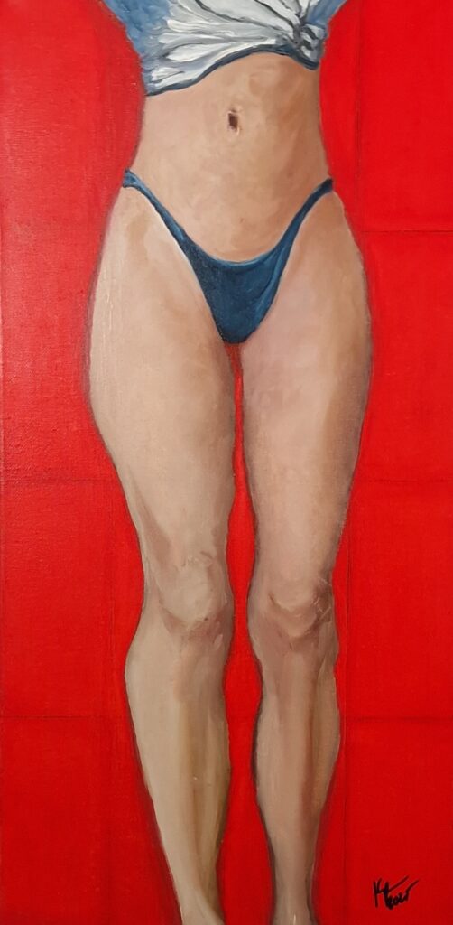 Out of Context series, No. 2— oil on canvas — cropped female figure against a red background